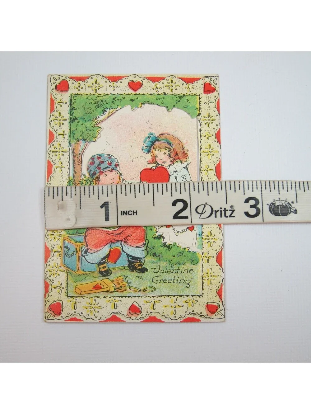 Vintage Valentine Gypsy Boy Sits Trunk Girl Die cut Fold 3D 1920s-30s UNSIGNED